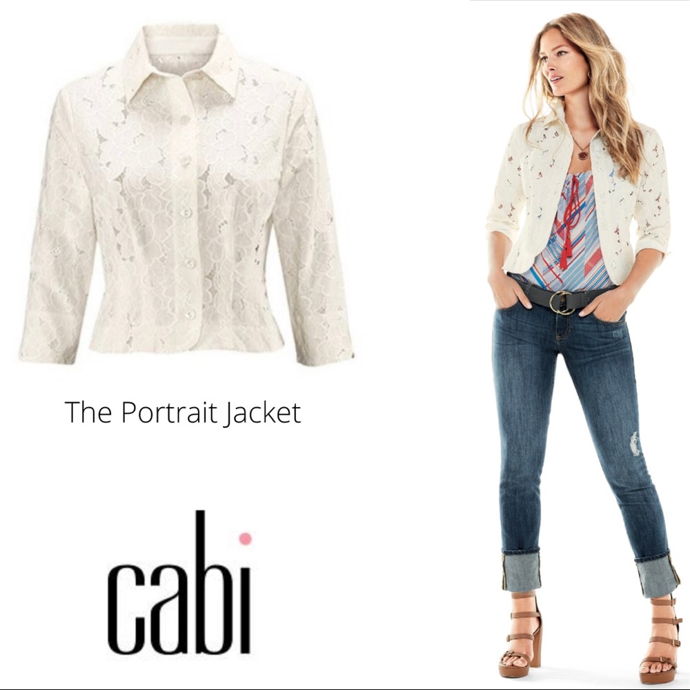NWT  CAbi Portrait Jacket w/Laser Cut Floral Lace